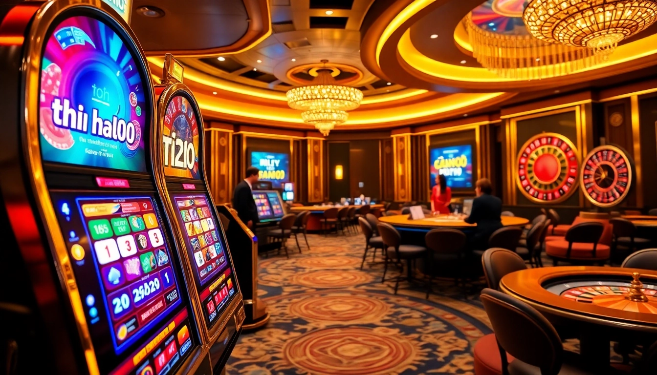 Experience the thrill of tải NOHU90 with vibrant casino visuals of slot machines and poker tables.