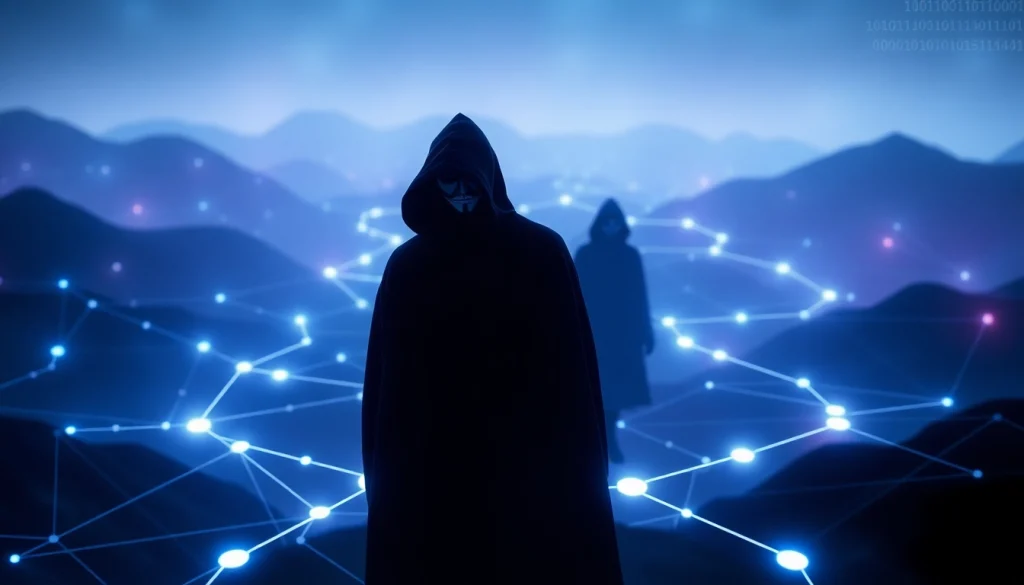 The hidden wiki digital landscape illustrating the mysterious navigation of the dark web with abstract nodes and pathways.