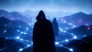 The hidden wiki digital landscape illustrating the mysterious navigation of the dark web with abstract nodes and pathways.