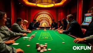 Engaging poker game action at a casino featuring OKFUN with vibrant chips and a roulette wheel.
