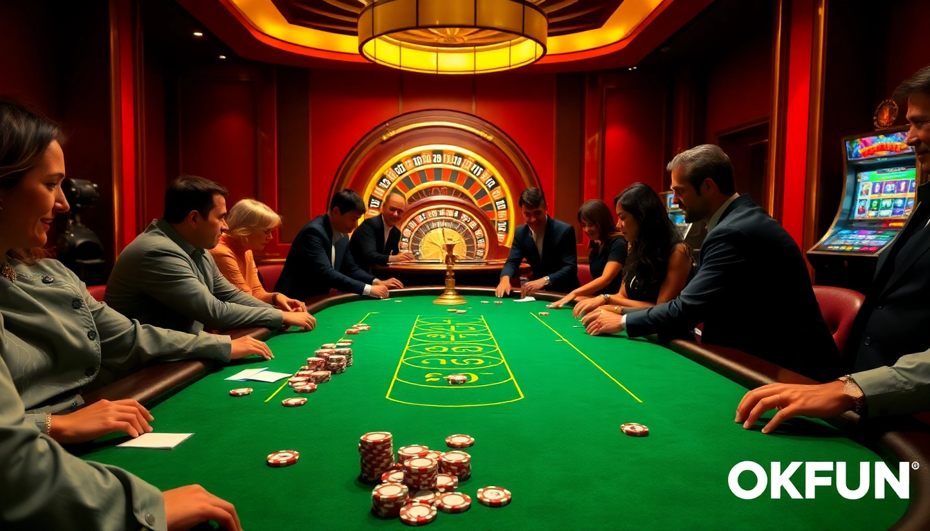 Engaging poker game action at a casino featuring OKFUN with vibrant chips and a roulette wheel.