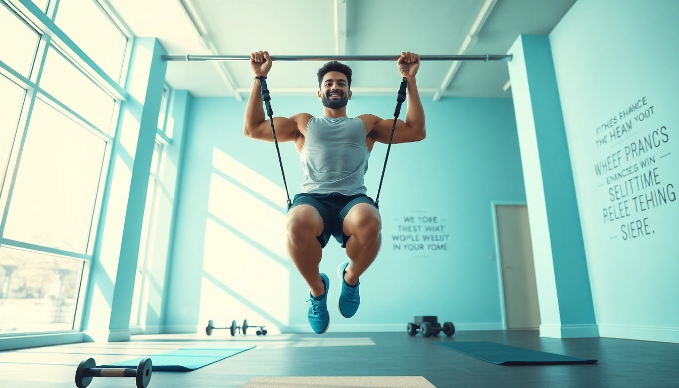 Fitness enthusiast using assisted pull-up bands in a vibrant gym setting to enhance strength training.