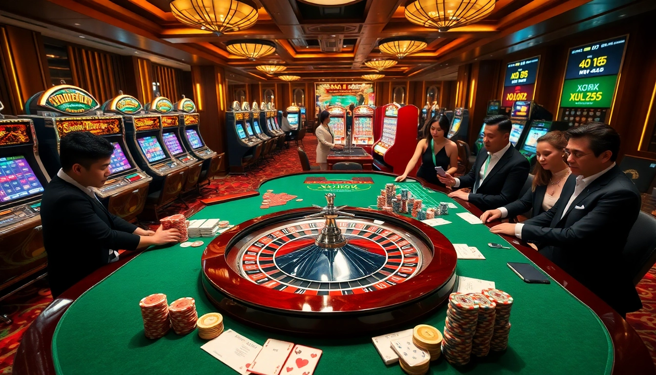 The vibrant scene showcases Xôi Xoài TV with engaging gamblers at the roulette table and illuminated slot machines.