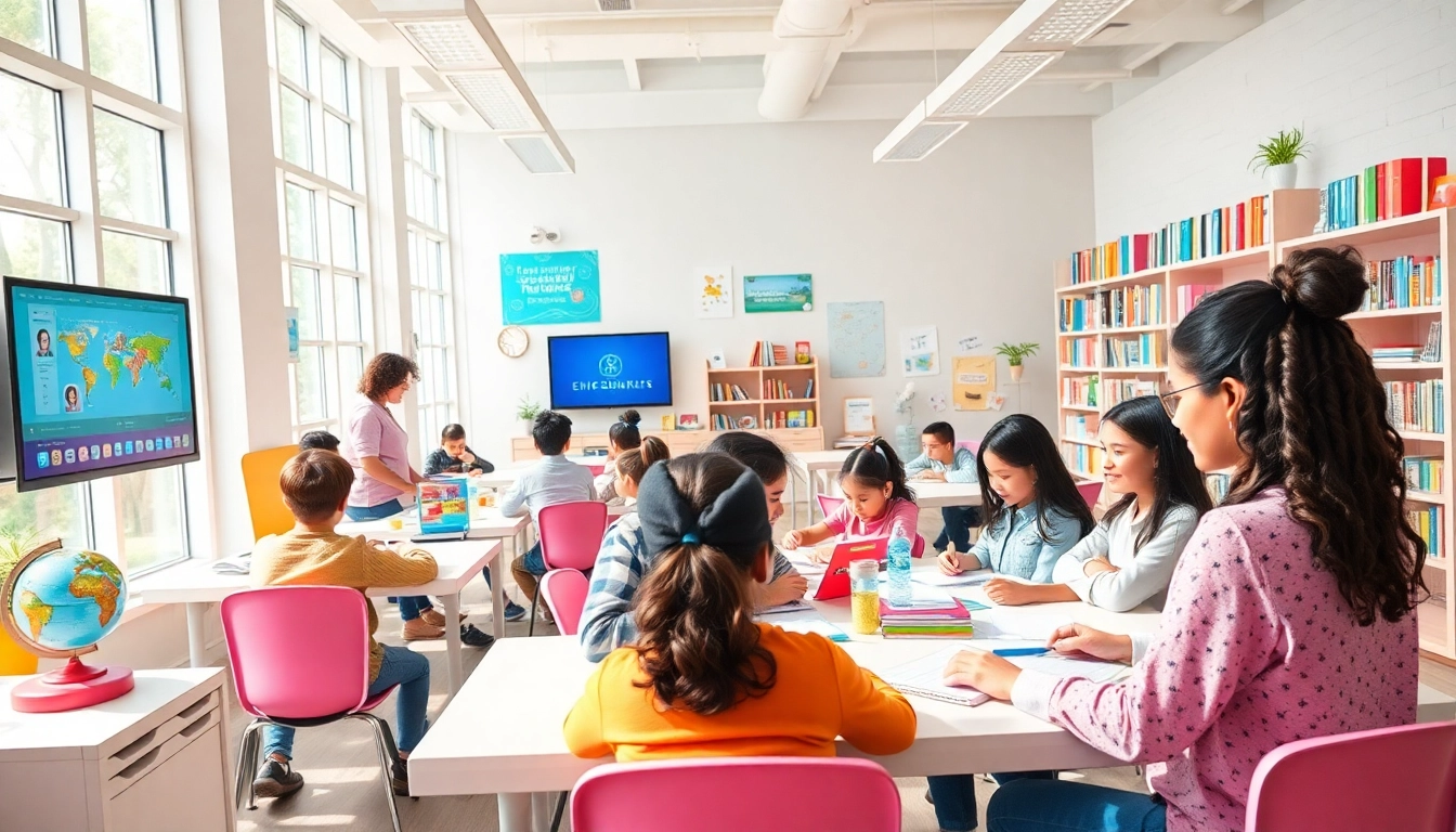 Engaging educational scene showcasing diverse students collaborating in a modern classroom environment focused on innovative education.