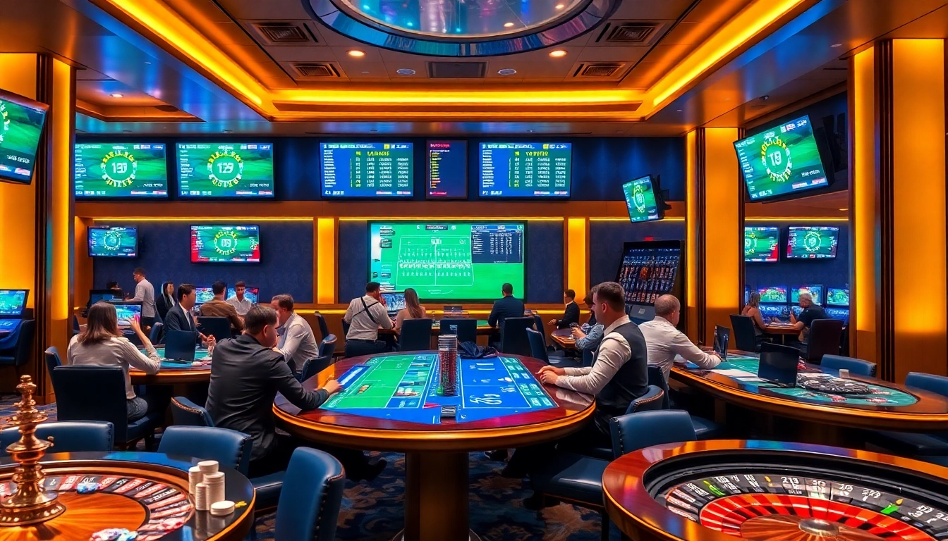 Experience the excitement of placing bets at a professional sportsbook with vibrant screens and engaging players.