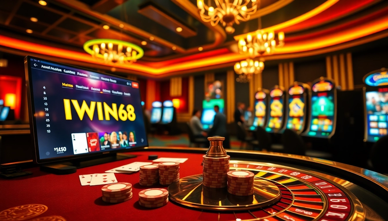 IWIN68 casino players celebrating a big win at a luxurious gaming table with vibrant cards and chips.