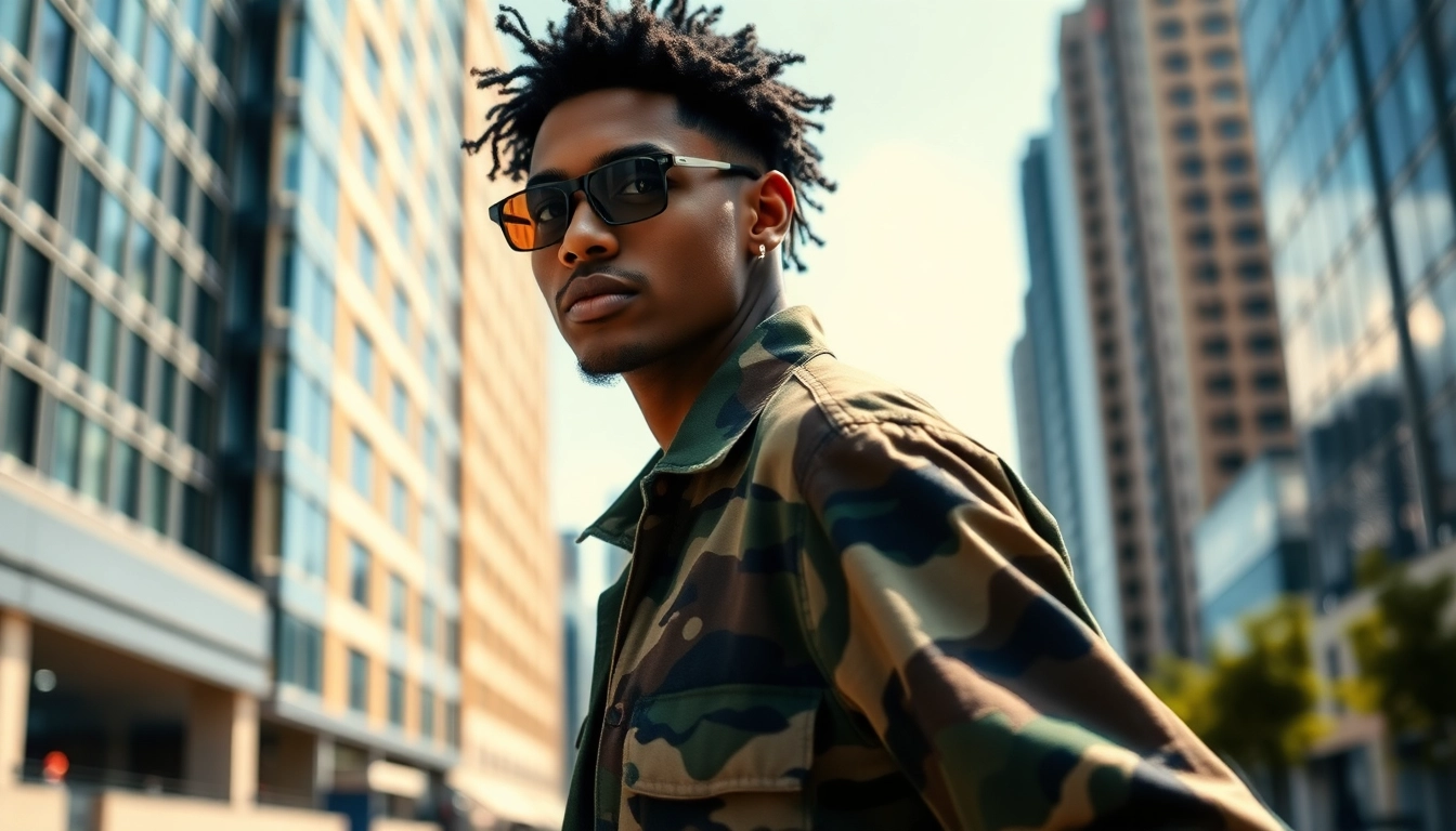 Vrouw in katoen met legerprint poseert in de stad, met duidelijke camouflagepatronen.