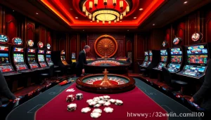 Gambling excitement at https://32win.capital, featuring luxury casino tables and slot machines.