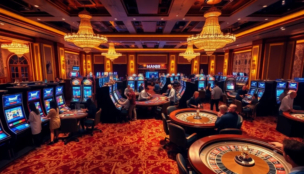 Excited players enjoying casino games at Man88's luxurious gaming floor.