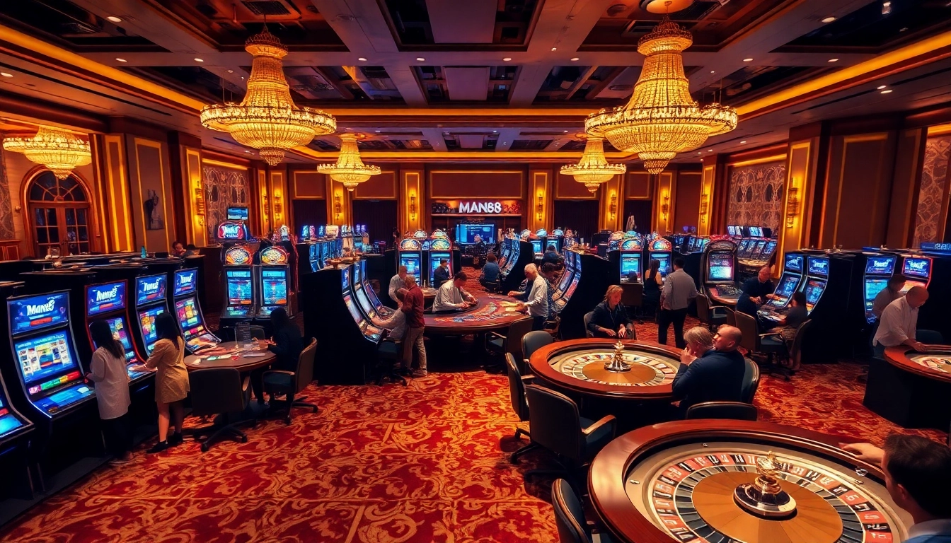 Excited players enjoying casino games at Man88's luxurious gaming floor.