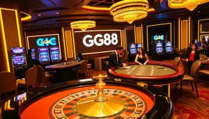 GG88 branding on an elegant casino scene with active poker and roulette tables.