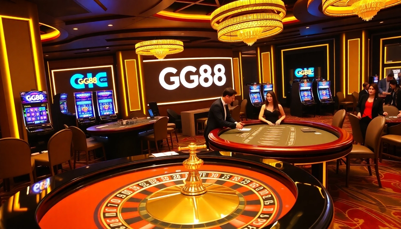 GG88 branding on an elegant casino scene with active poker and roulette tables.