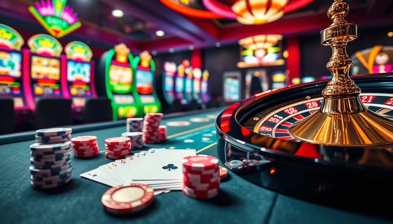 SODO casino table with vibrant poker chips, cards, and roulette wheel in an exciting gaming scene.