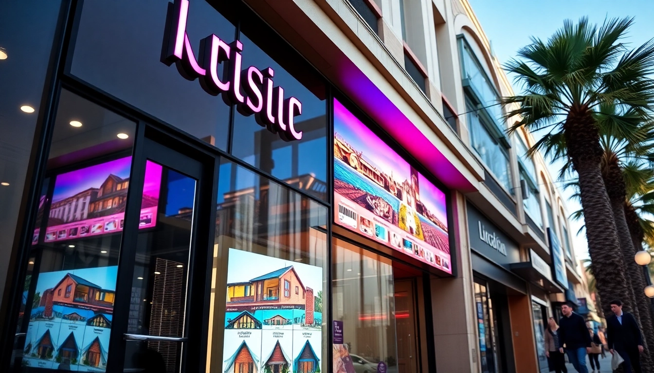 Carteles LED vibrantes que atraen clientes en la fachada de una agencia inmobiliaria en Alicante.