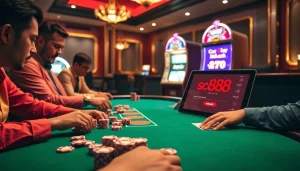 Engage with the thrilling world of sc88archi at a glamorous poker table, surrounded by casino chips and vibrant slot machines.