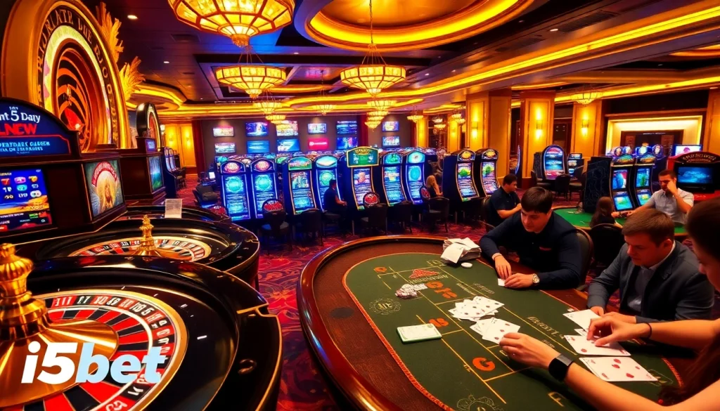 i5bet poker chips and roulette wheels set against a luxurious casino backdrop, showcasing glamorous gambling excitement.