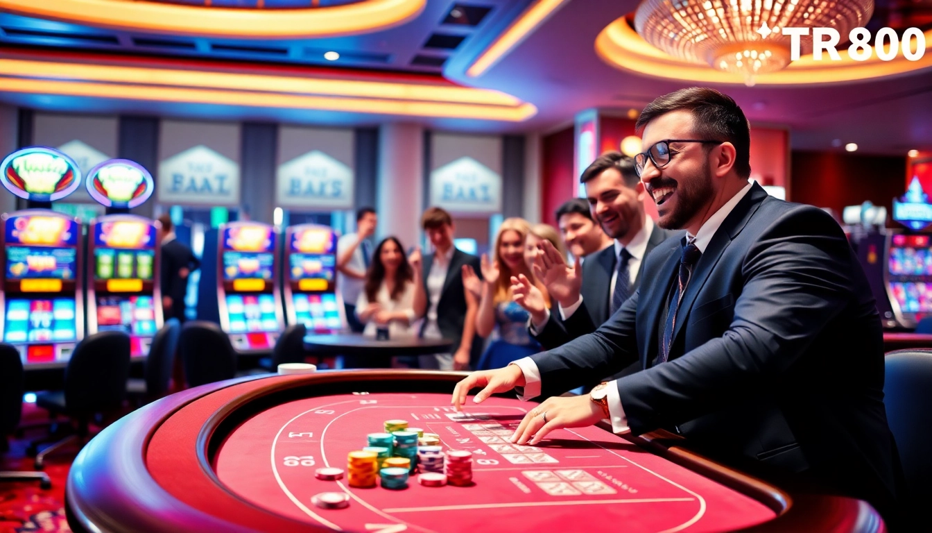 Players enjoying a thrilling game at https://tr88vip.co.com/ casino, engaging with colorful chips and lively atmosphere.