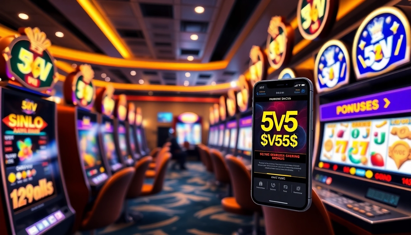 5V5V online casino gaming experience with players enjoying slot machines and mobile app promotions.