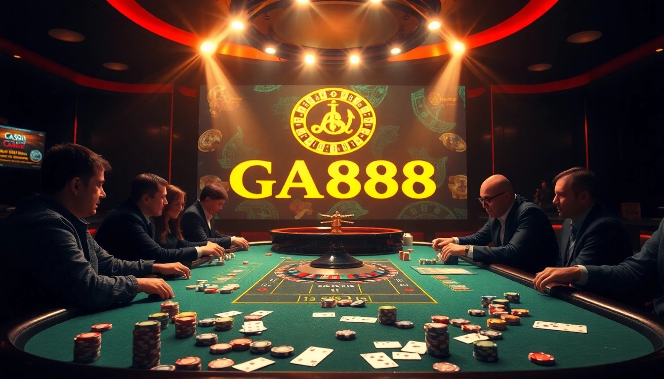 Exciting gambling action at GA888 casino with colorful poker chips and cards on display.