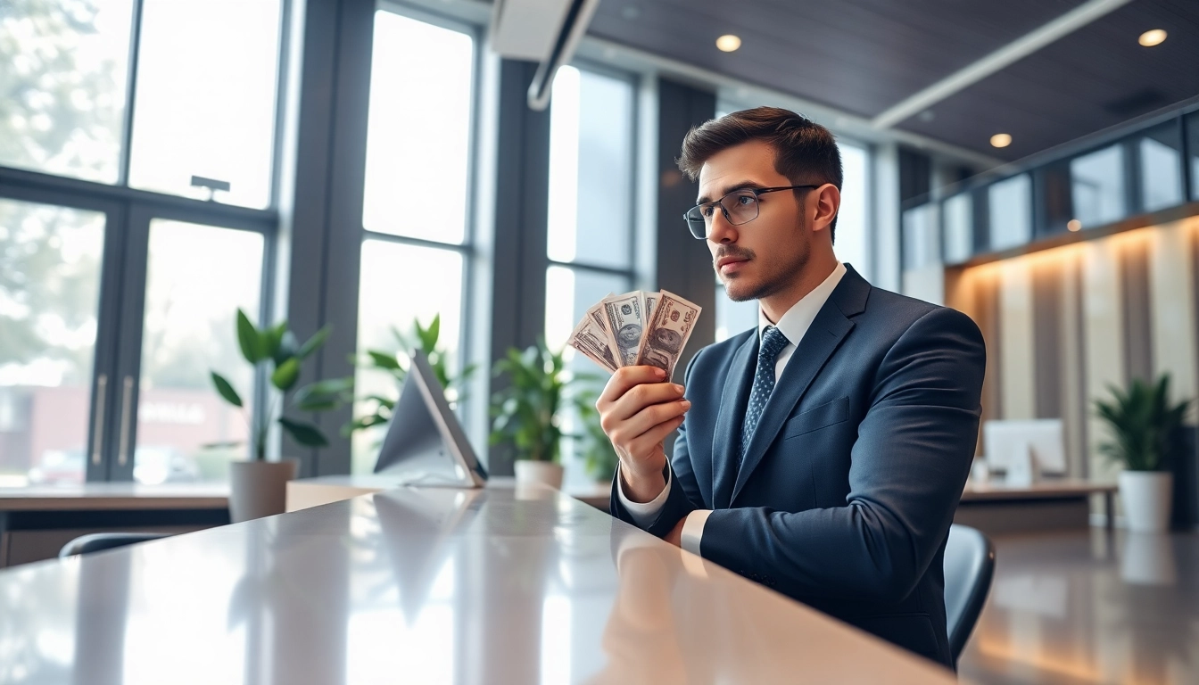 Menampilkan skenario setoran 1k di bank dengan suasana profesional dan fokus.