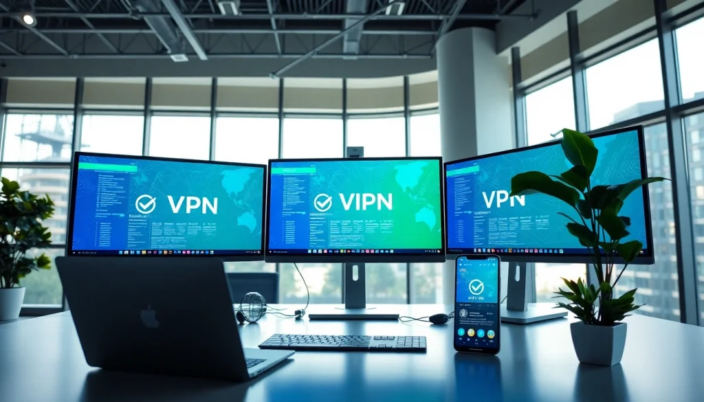 在现代办公环境中，快连官网显示在多屏幕上，强调科技与安全。