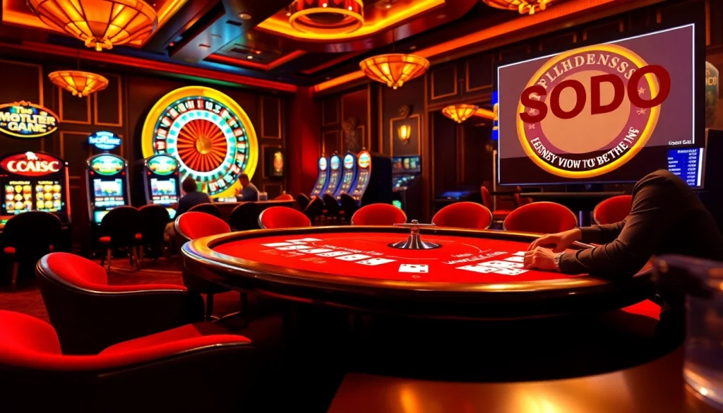 High-stakes poker scene at SODO casino with players, roulette wheel, and vibrant slot machines.