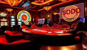 High-stakes poker scene at SODO casino with players, roulette wheel, and vibrant slot machines.