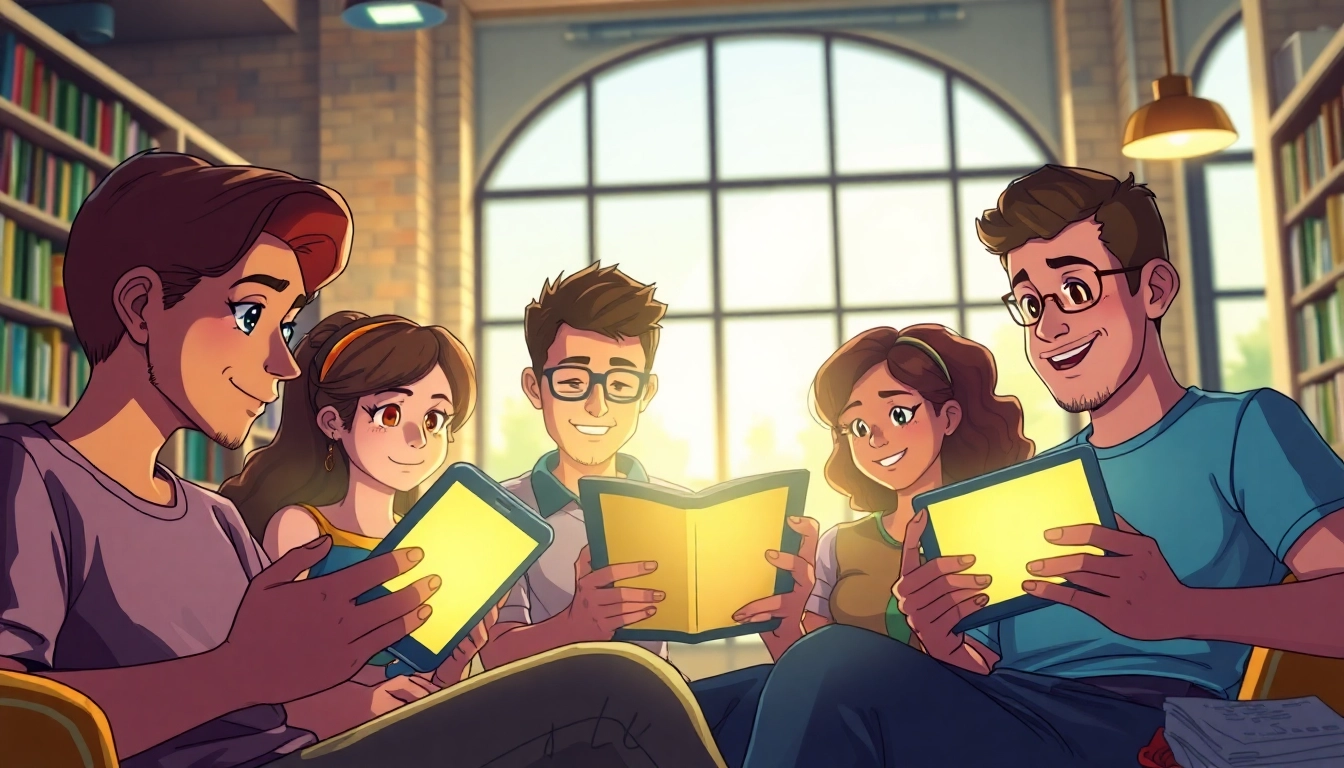 무료웹툰을 즐기는 다양한 캐릭터들이 편안한 도서관에서 즐거운 독서 중입니다.