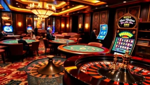 S8 casino players at vibrant roulette wheel and poker tables in a luxurious ambiance.