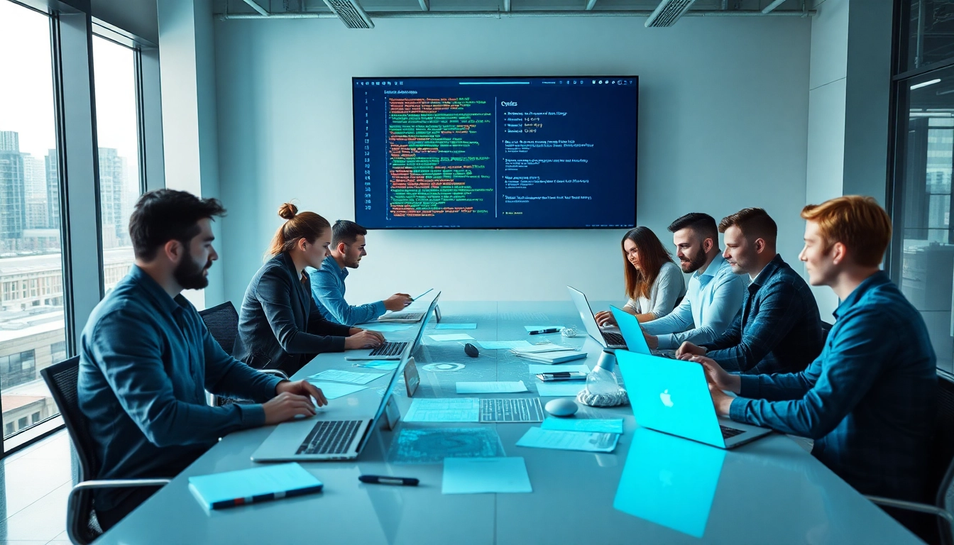 Dynamic software engineering team collaborating in a modern office setting with metrics on display.