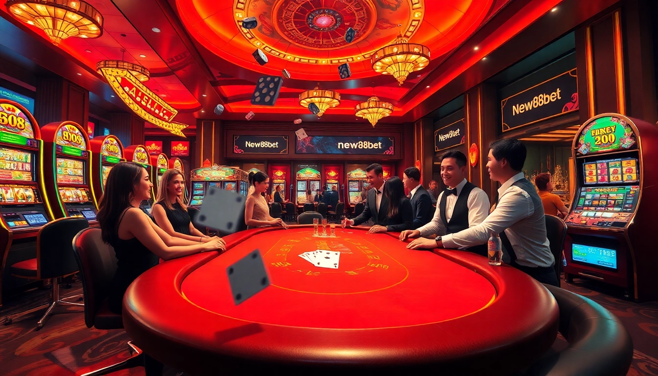Experience high-stakes gaming at new88bet with luxurious card tables and vibrant slot machines.