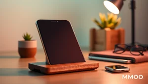 MMOO stylish wooden smartphone stand promoting modern gadgets.