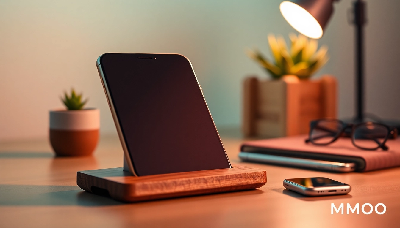 MMOO stylish wooden smartphone stand promoting modern gadgets.