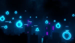 The Hidden Wiki represented by an abstract dark web cityscape with glowing .onion links, symbolizing anonymity and intrigue.