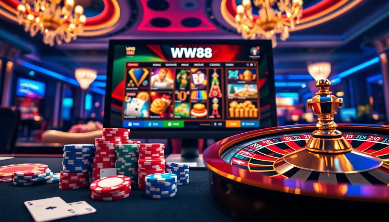 Players interacting with WW88 online casino interface, showcasing vibrant games and poker elements.