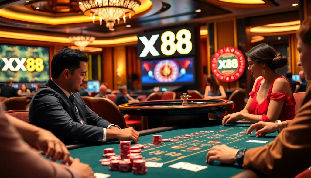 Players engaging in a tense poker game at an upscale casino inspired by the keyword xx88, showcasing vibrant chips and ambient lighting.