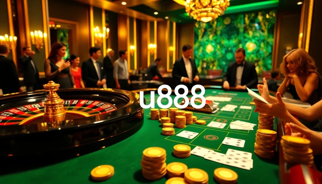 Engage in thrilling u888 online casino gaming with a luxurious roulette table and high stakes.