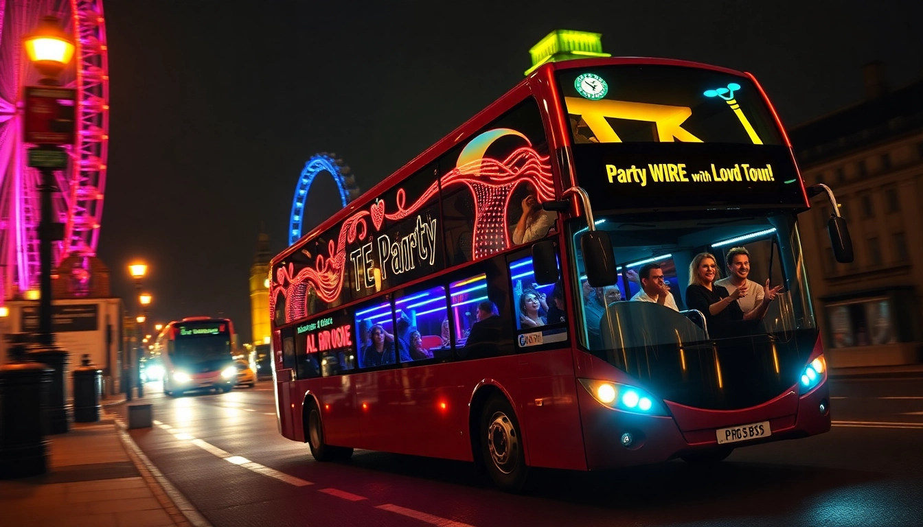 London party bus company offering a stylish bus with vibrant lights cruising through iconic London landmarks at night.