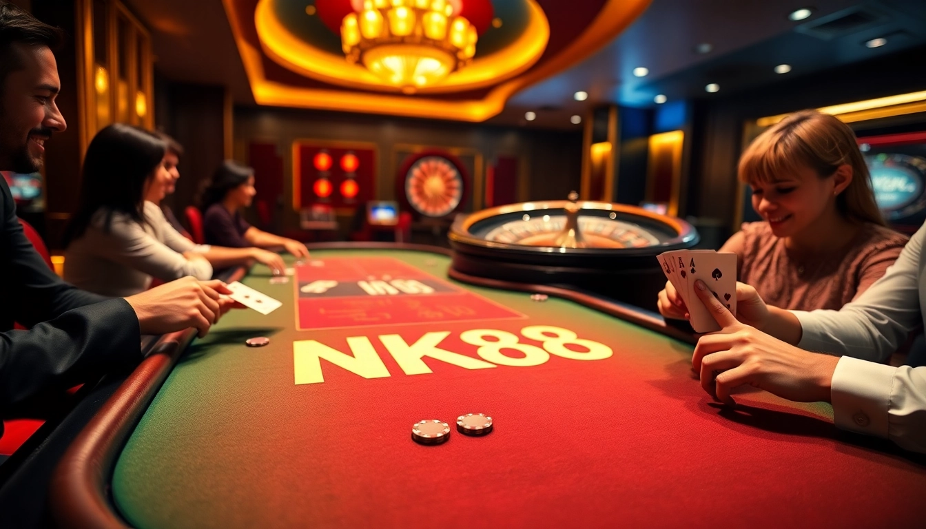 Players engaging with the NK88 casino table, enjoying poker and roulette in a vibrant gaming environment.