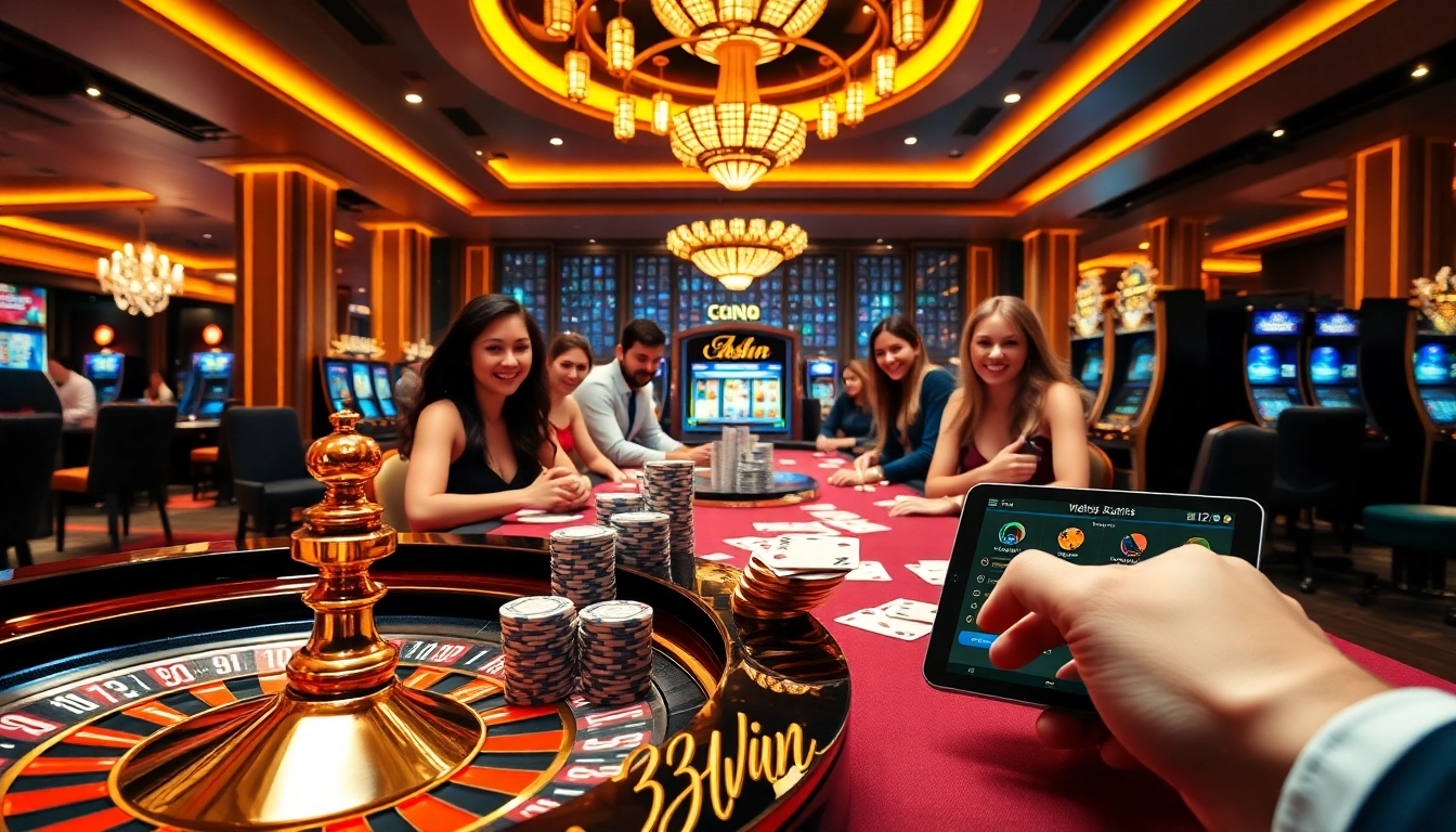 33win players enjoying a luxurious casino atmosphere with poker and roulette games.