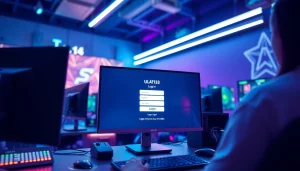 Engaging view of a user logging into ULAT123 platform in a vibrant gaming setup.