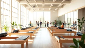 リフォーマーが多数配置された現代的なピラティススタジオで、マシンピラティス おすすめを体験しましょう。