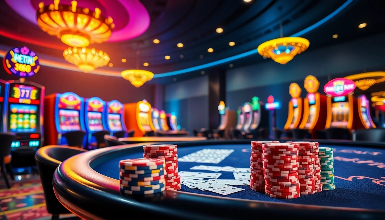 Engaging scene of gamblers playing at NK88 casino tables, showcasing vibrant slot machines and poker chips.