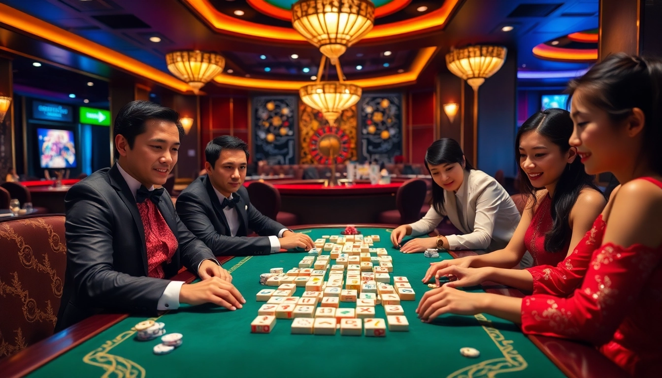Experience the thrill of link mahjong with players strategizing at a vibrant casino table.
