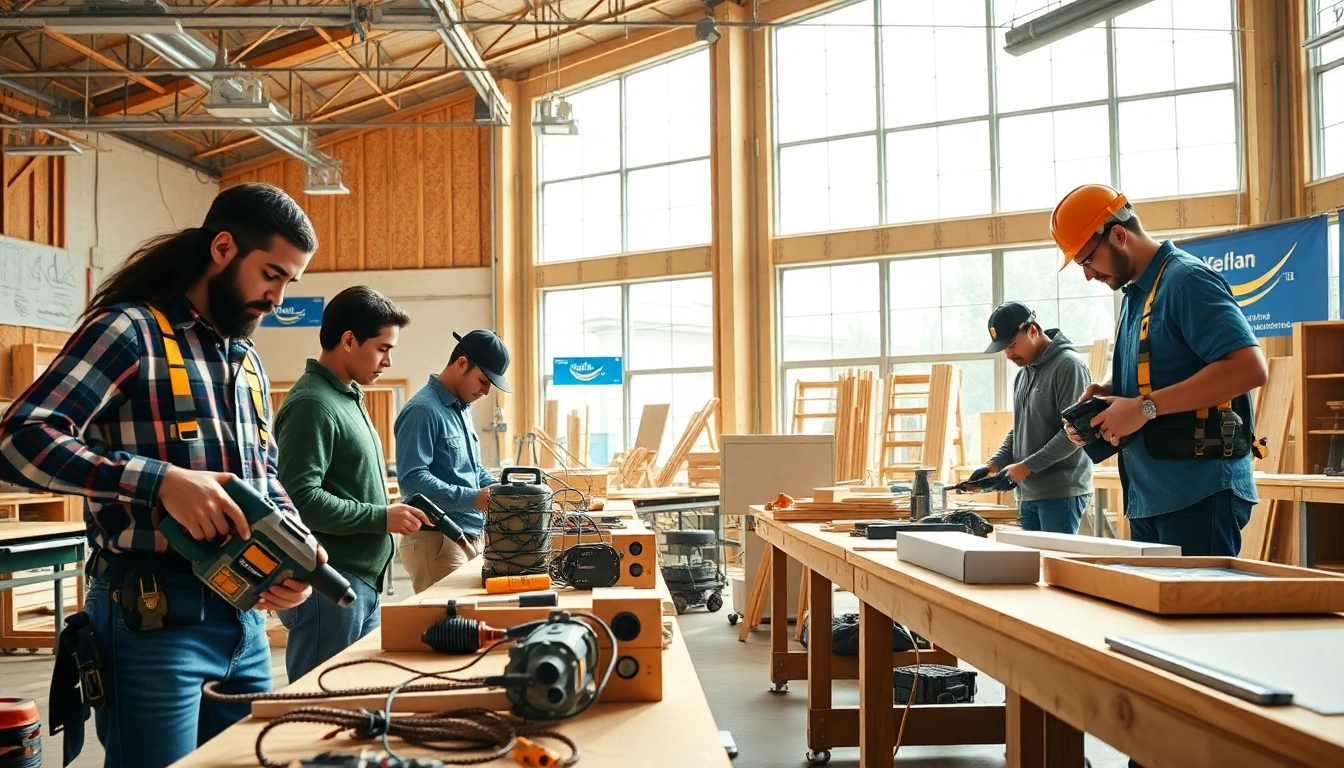 Students at construction trade schools in Texas engage in hands-on training with tools in a vibrant workshop.