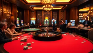 Experience the thrill of casino gaming at luongsontv60com, featuring vibrant poker chips and an inviting roulette table.