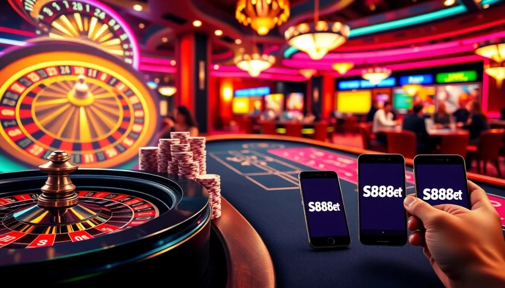 Experience the thrill of s88bet at a vibrant casino, featuring roulette wheels, poker chips, and mobile gambling.