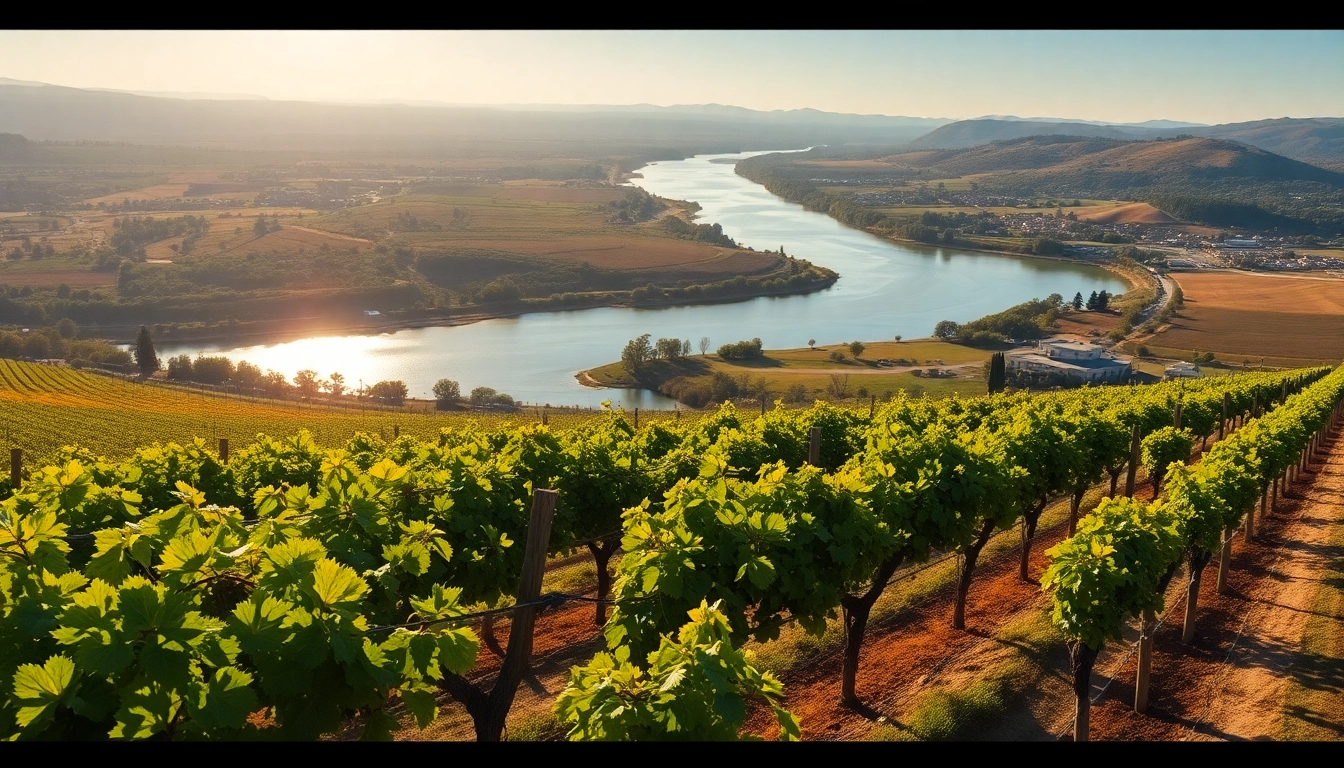 Carksburg CA vineyards and Sacramento River under bright sunlight.