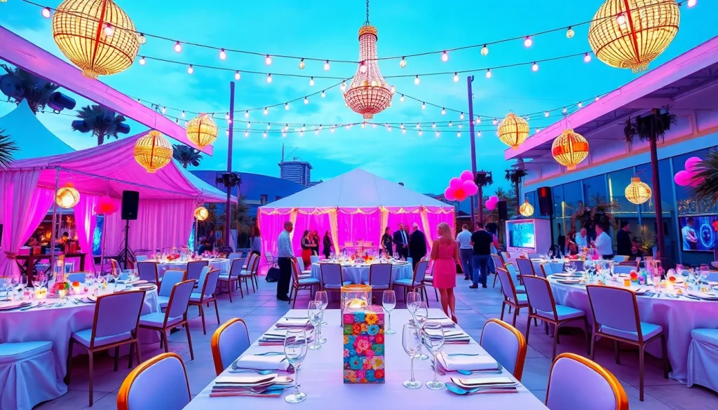 Las Vegas Party Rentals event setup with vibrant decorations and happy guests.