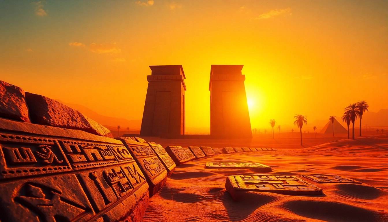 Discover the ancient piraminds in Egypt, beautifully illuminated against a sunset.